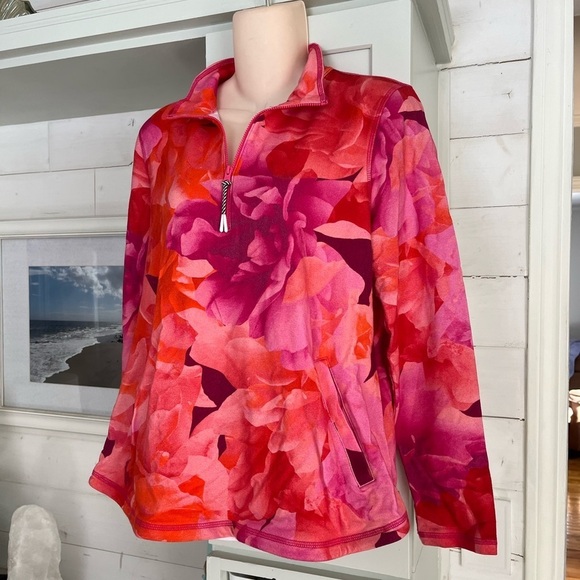 NWT Talbots Vibrant Floral Pink and Orange Quarter-Zip Pullover Medium - Picture 7 of 15